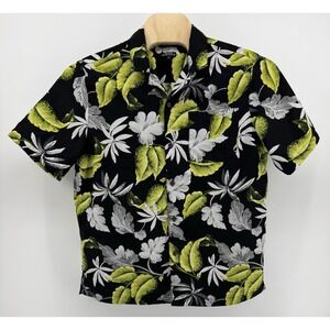 George Hawaiian Shirt Men's Size L Relaxed Fit Black Green Floral Tropical Aloha